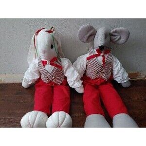 Vintage Handmade Bunny Rabbit With Floppy Ears And Christmas Mouse